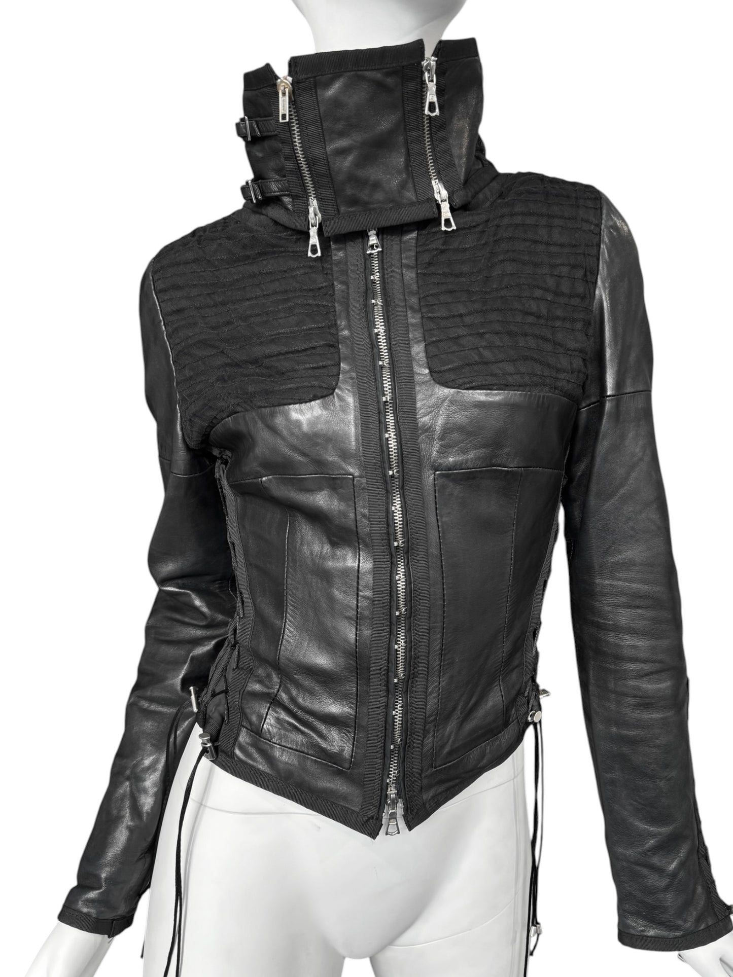 JITROIS 2000S BLACK LEATHER & MESH LACE-UP JACKET