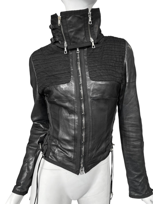 JITROIS 2000S BLACK LEATHER & MESH LACE-UP JACKET