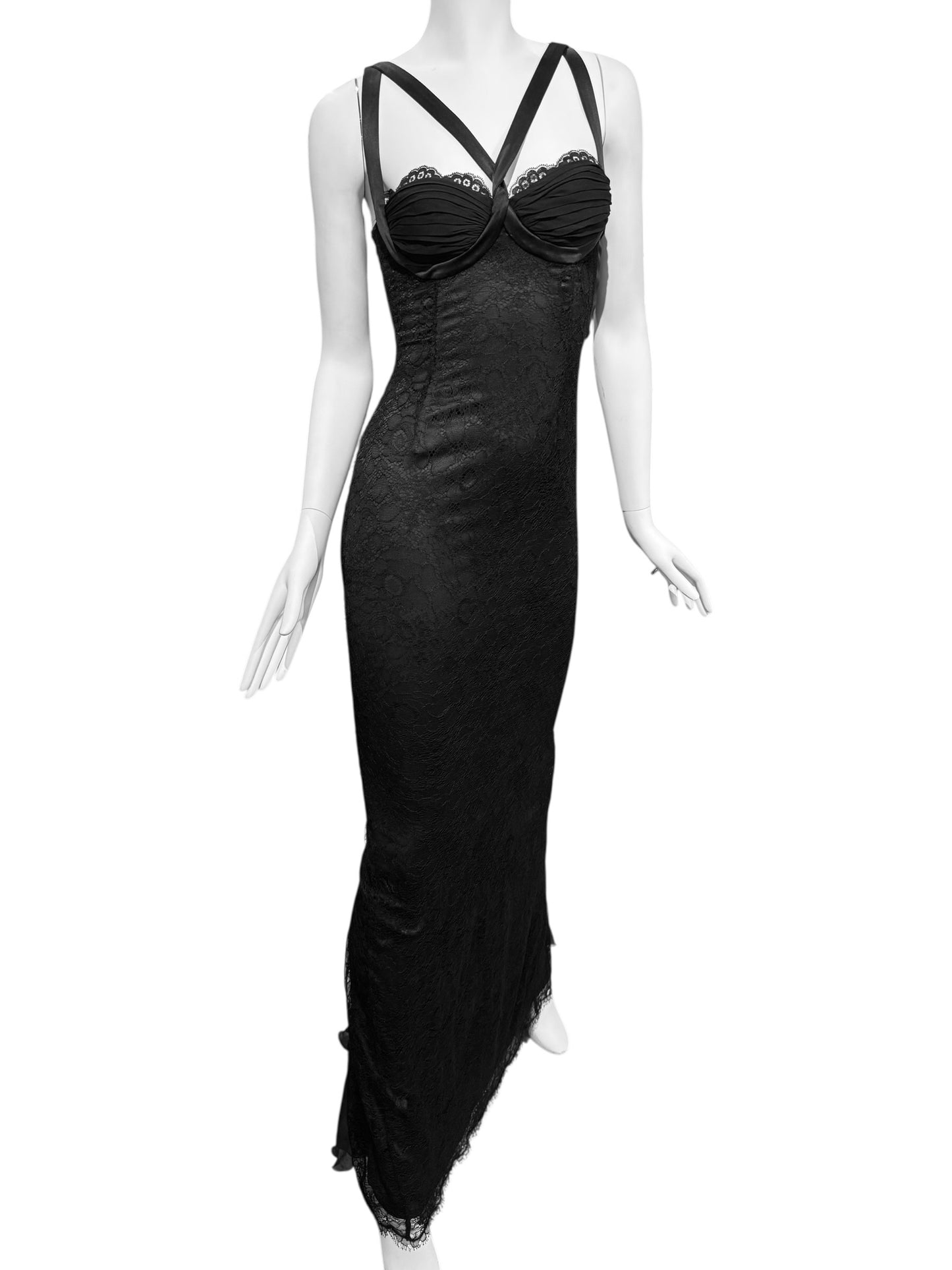 DOLCE & GABBANA FW2017 BLACK LACE & SILK DOUBLE STRAP MAXI DRESS