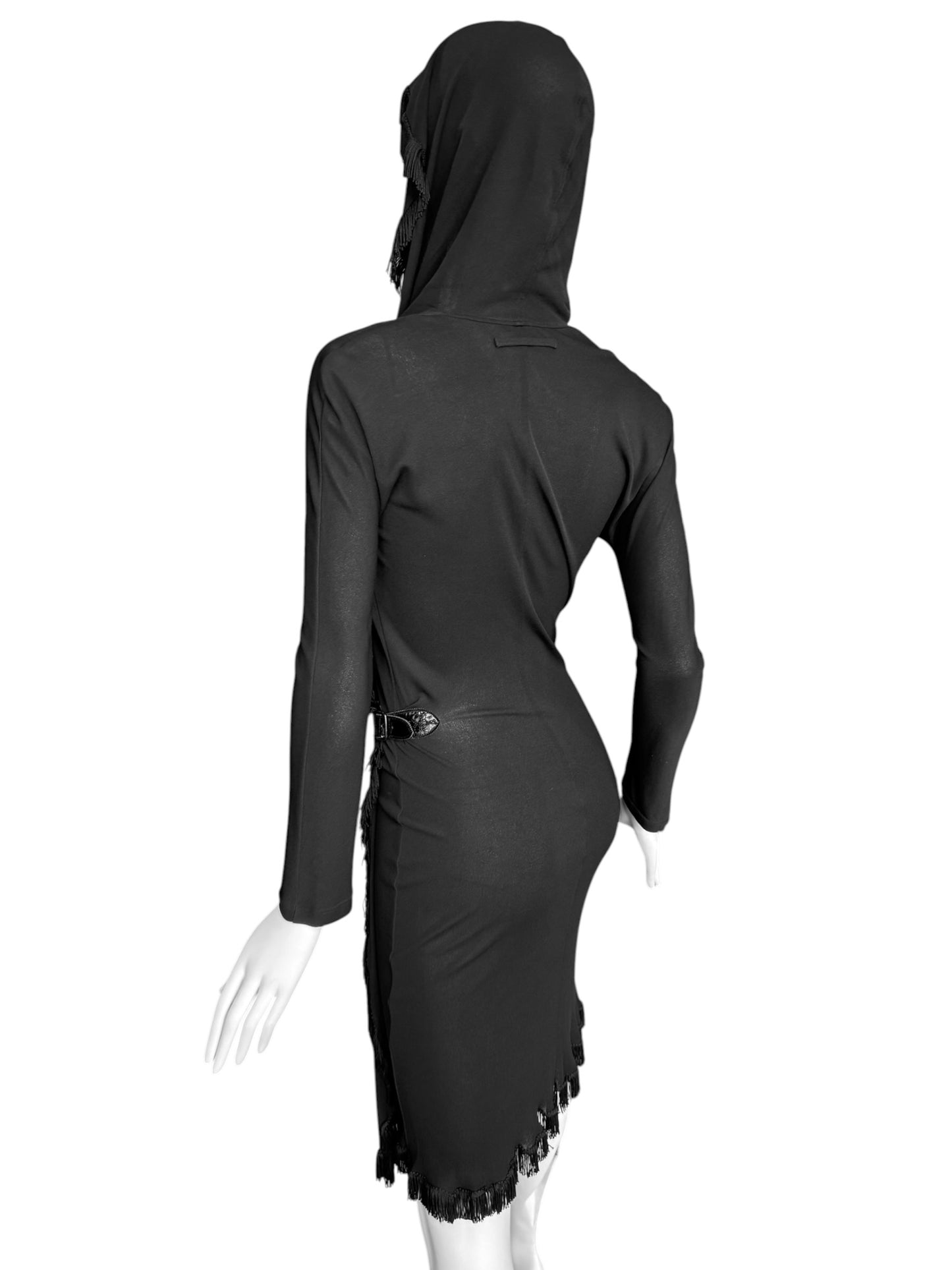 JEAN PAUL GAULTIER 2000s BLACK FRINGES HOODED MIDI DRESS