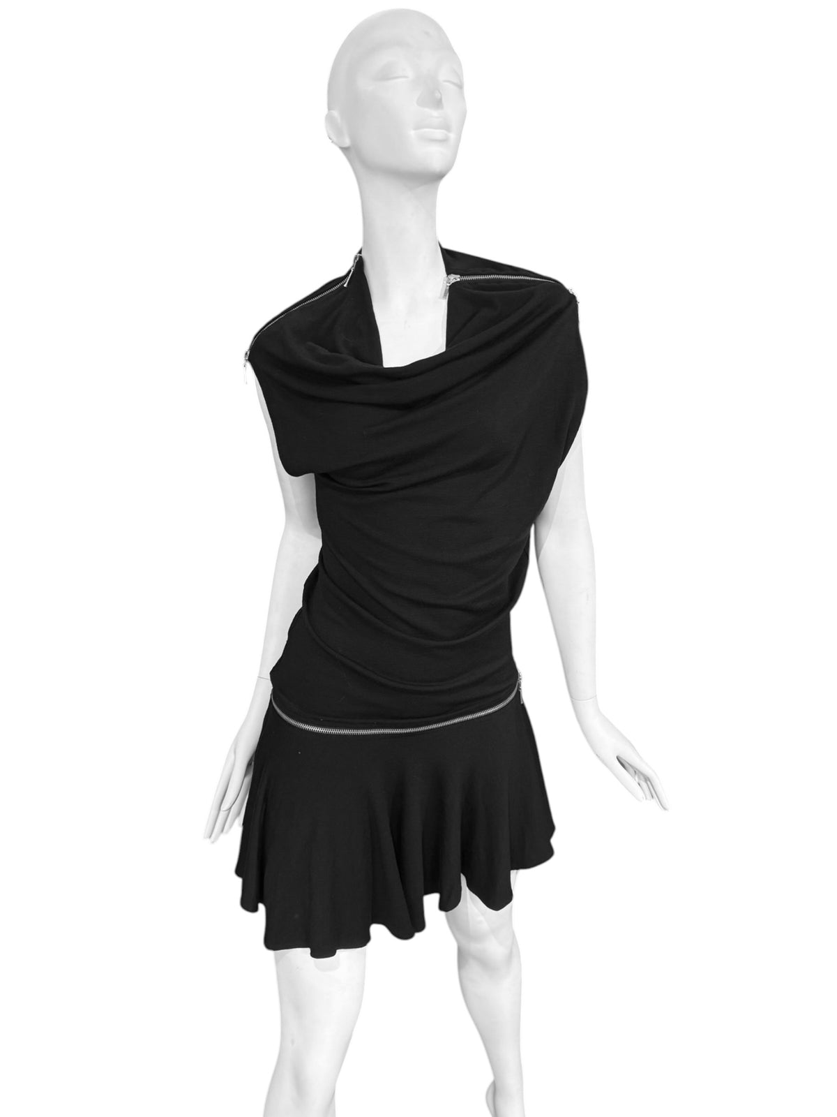 PLEIN SUD FW2003 BLACK ASYMMETRICAL ZIP MINI DRESS