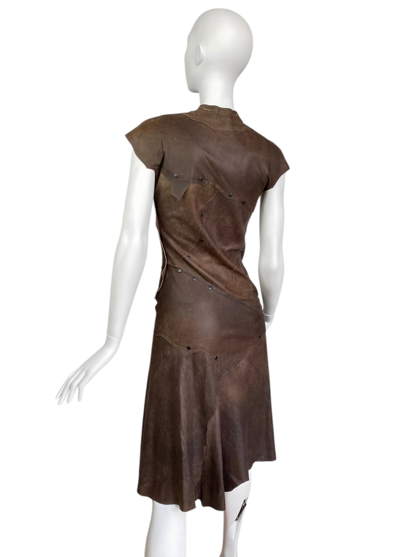 PLEIN SUD 2000s BROWN LEATHER PATCHWORK STUDDED MIDI DRESS