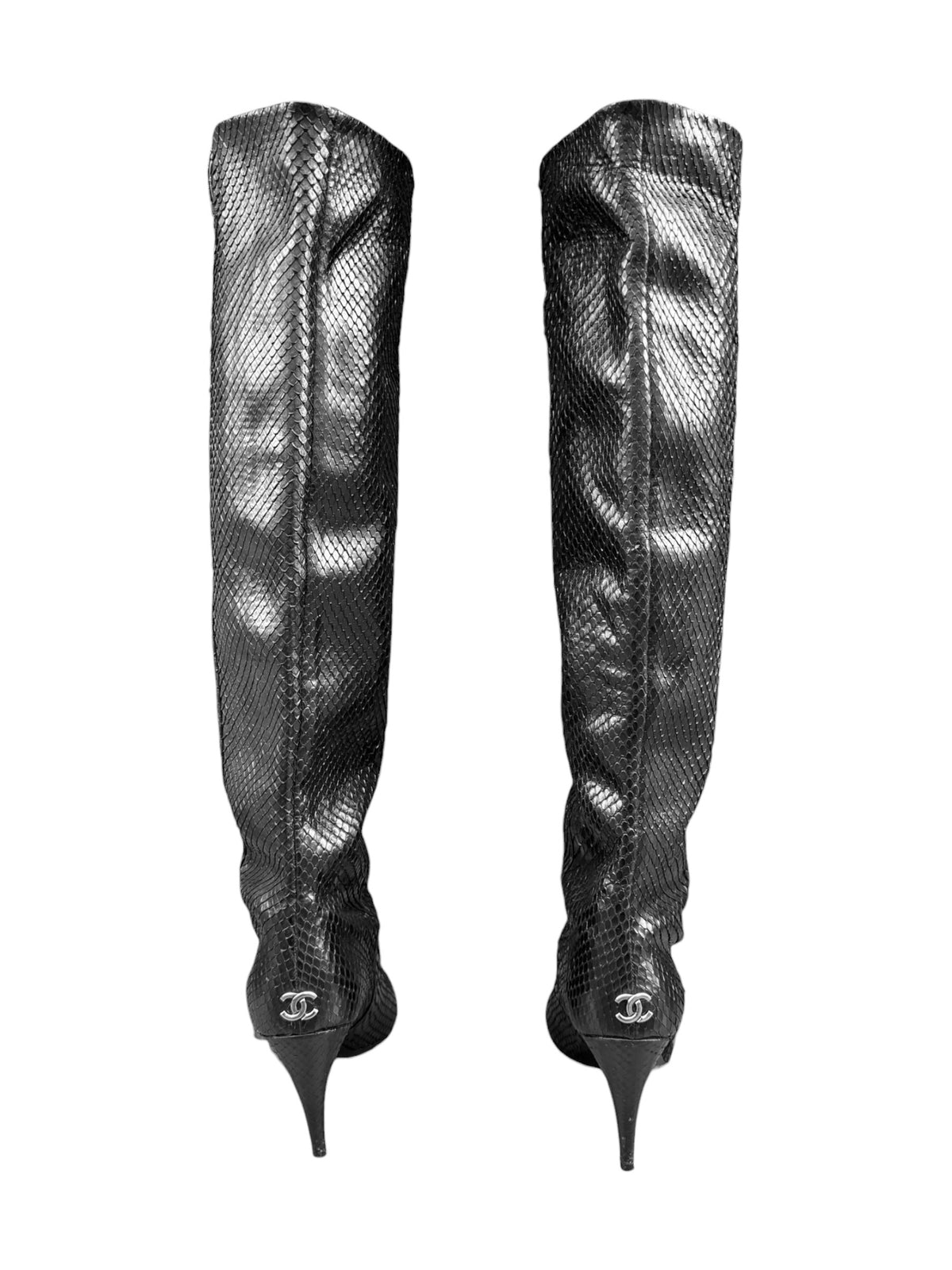 CHANEL 2000s BY KARL LAGERFELD BLACK PYTHON LEATHER BOOTS