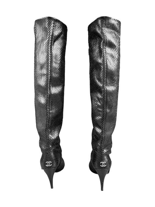 CHANEL 2000s BY KARL LAGERFELD BLACK PYTHON LEATHER BOOTS