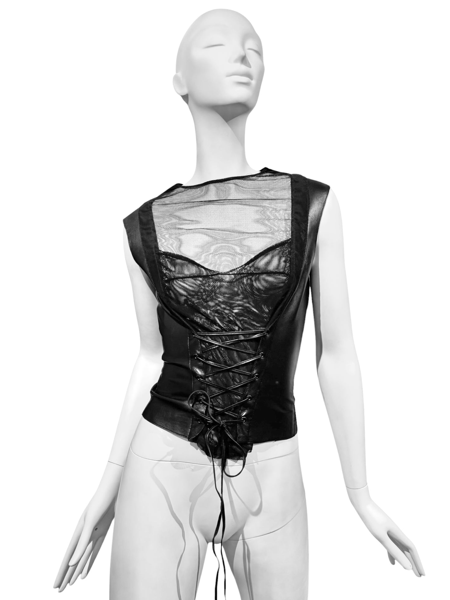 JITROIS 2000s BLACK LEATHER & SILK TULLE LACE-UP TANK TOP