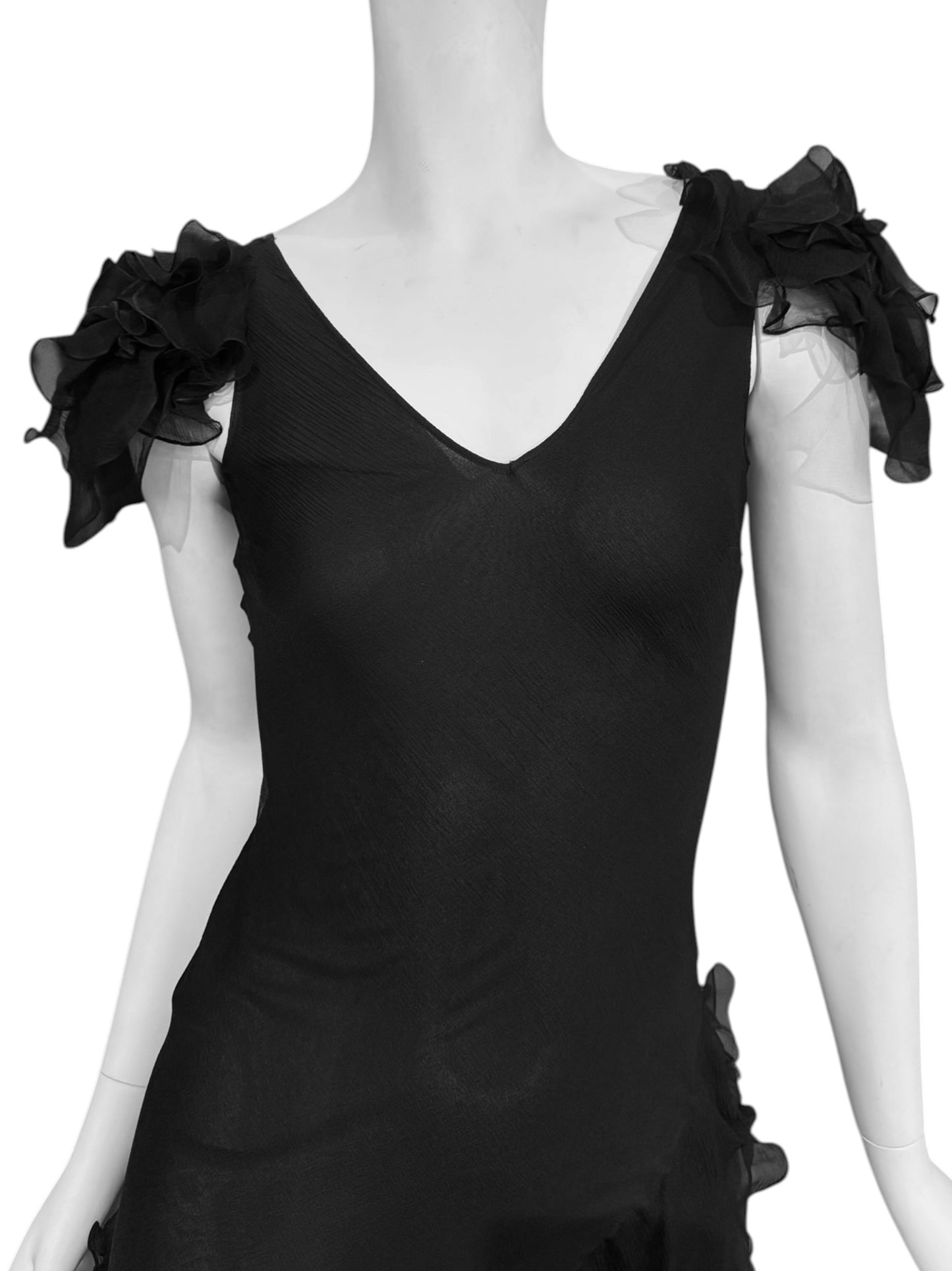 JOHN GALLIANO FW2004 BLACK SILK RUFFLES MAXI DRESS