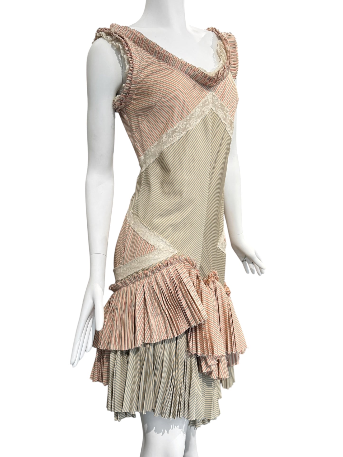 ALEXANDER MCQUEEN SS2005 «IT’S ONLY A GAME» PINK & GREEN STRIPED PLEATED MIDI DRESS