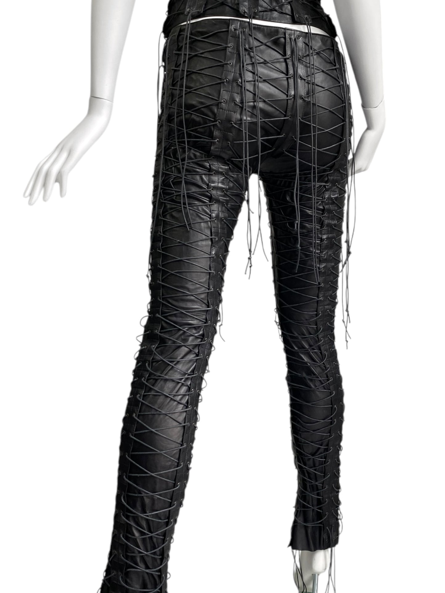 PLEIN SUD FW2002 BLACK LEATHER LACED-UP CAGE PANTS