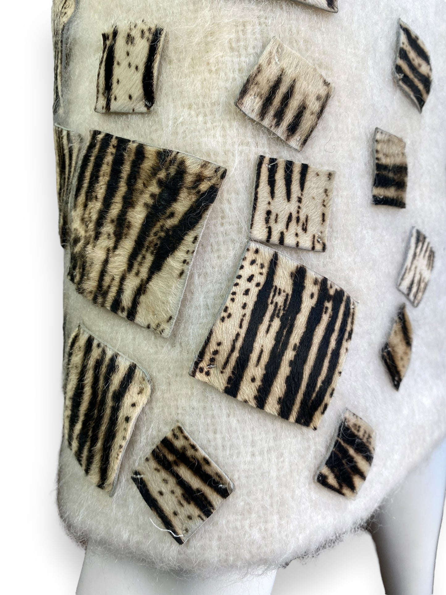 FENDI 1980s BY KARL LAGERFELD CREAM MOHAIR ZEBRA HAIRY LEATHER SQUARES MIDI SKIRT