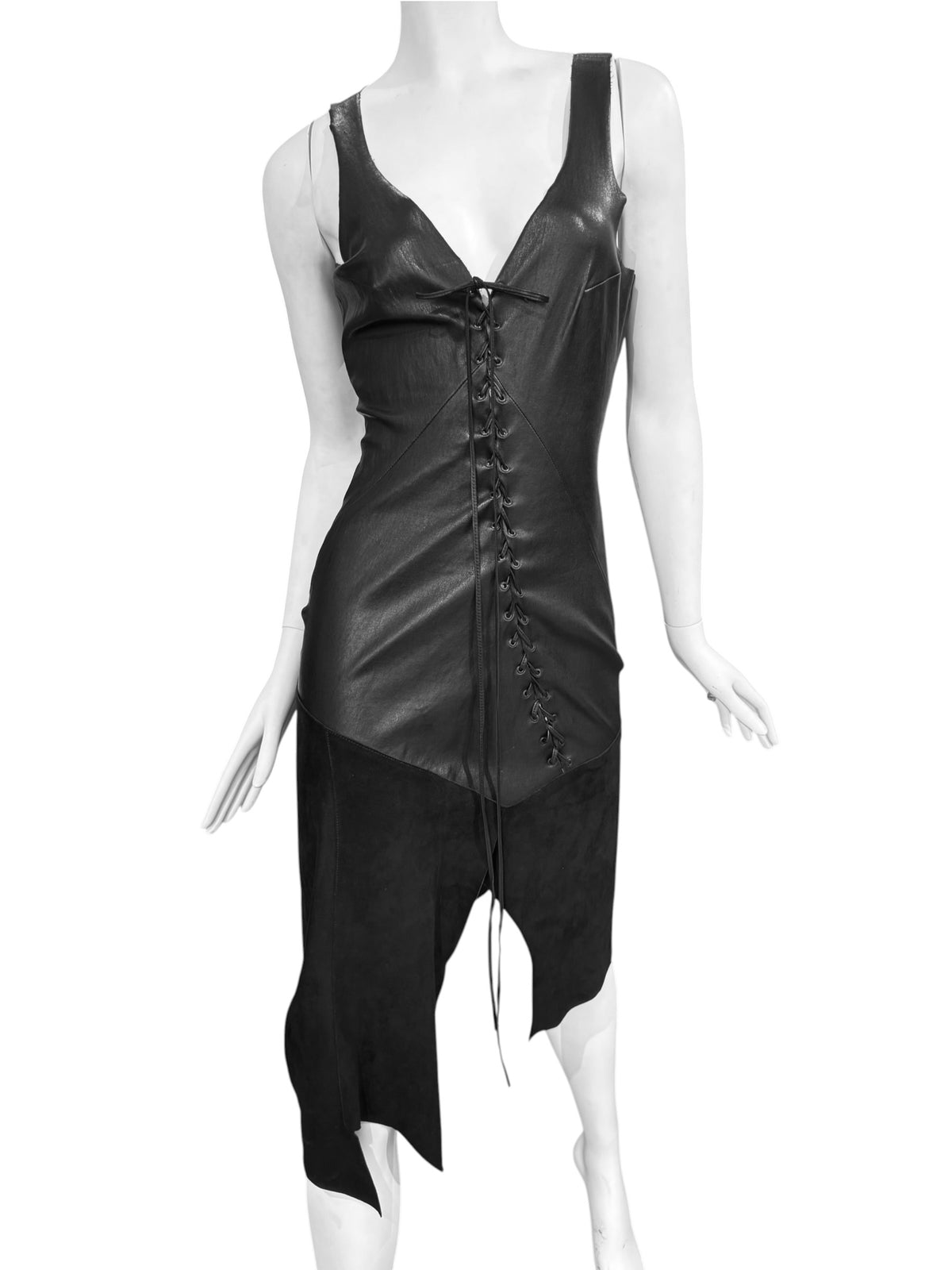 JITROIS 2000s BLACK LEATHER LACE-UP MIDI DRESS