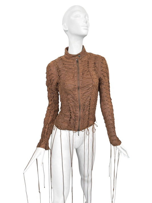 PLEIN SUD FW2002 BROWN LEATHER LACE-UP CAGE JACKET