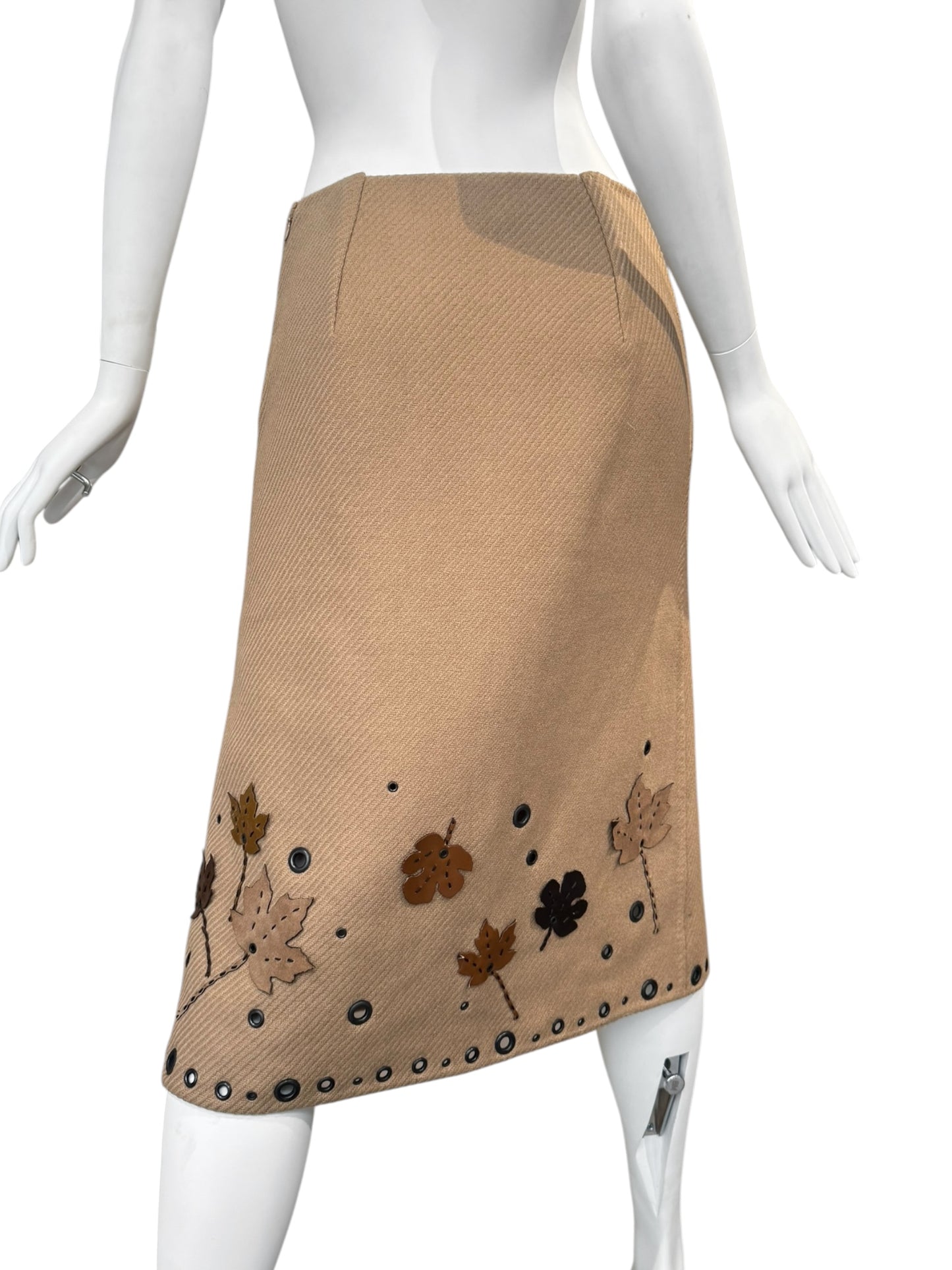 PRADA FW1999 BEIGE WOOL LEAF APPLIQUÉ MIDI SKIRT