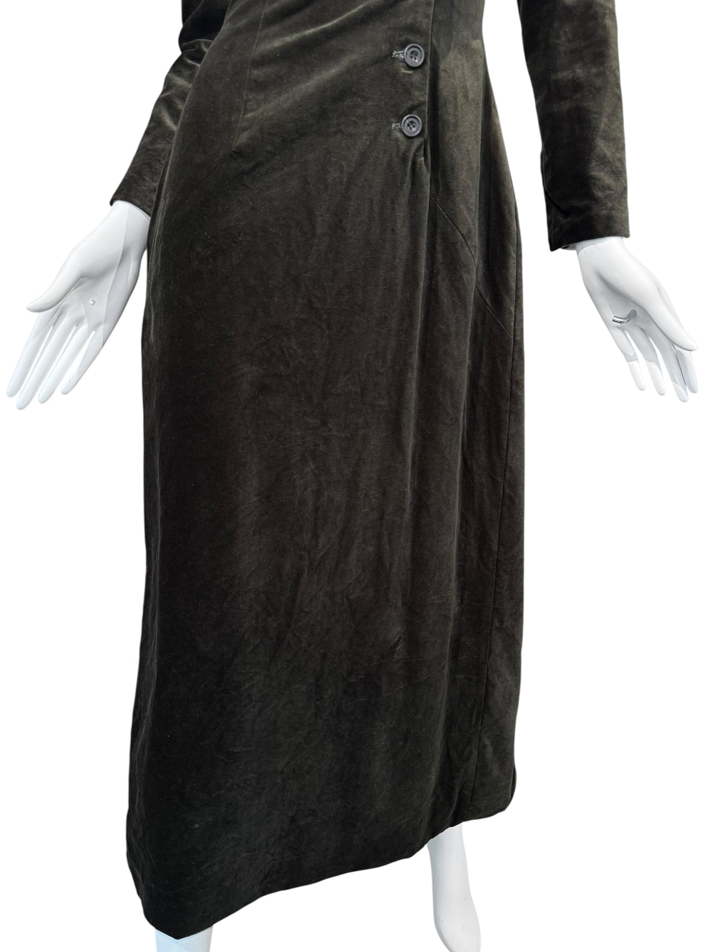 PAUL HARNDEN SHOEMAKERS 2000s DARK OLIVE VELVET MAXI ASYMMETRIC BUTTON MAXI DRESS