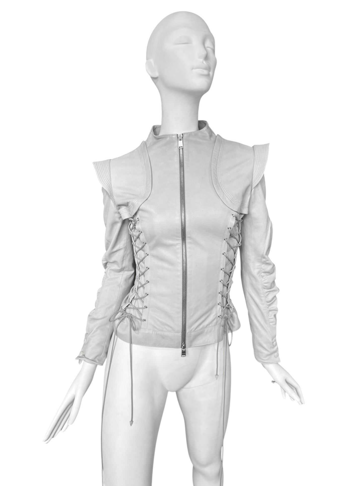 JITROIS 2000s GREY LEATHER LACE-UP JACKET