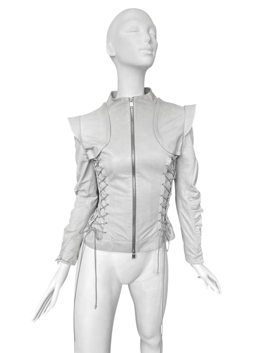 JITROIS 2000s GREY LEATHER LACE-UP JACKET