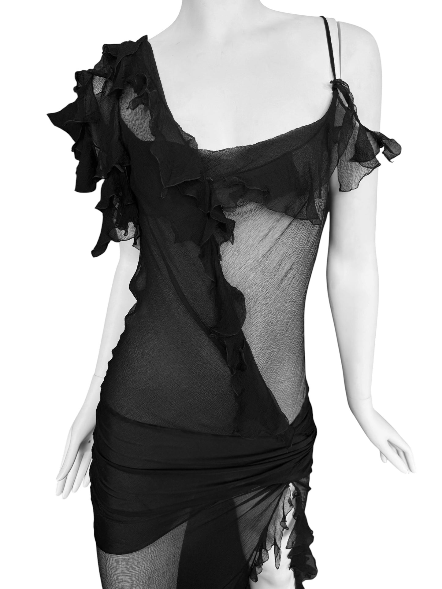 CHRISTIAN DIOR FW2006 BY JOHN GALLIANO BLACK SILK ASYMMETRICAL RUFFLES TRAIN MAXI DRESS