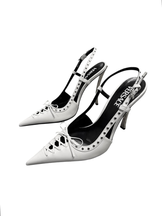 VERSACE SS2023 WHITE LEATHER STUDDED LACE-UP SLINGBACK HEELS