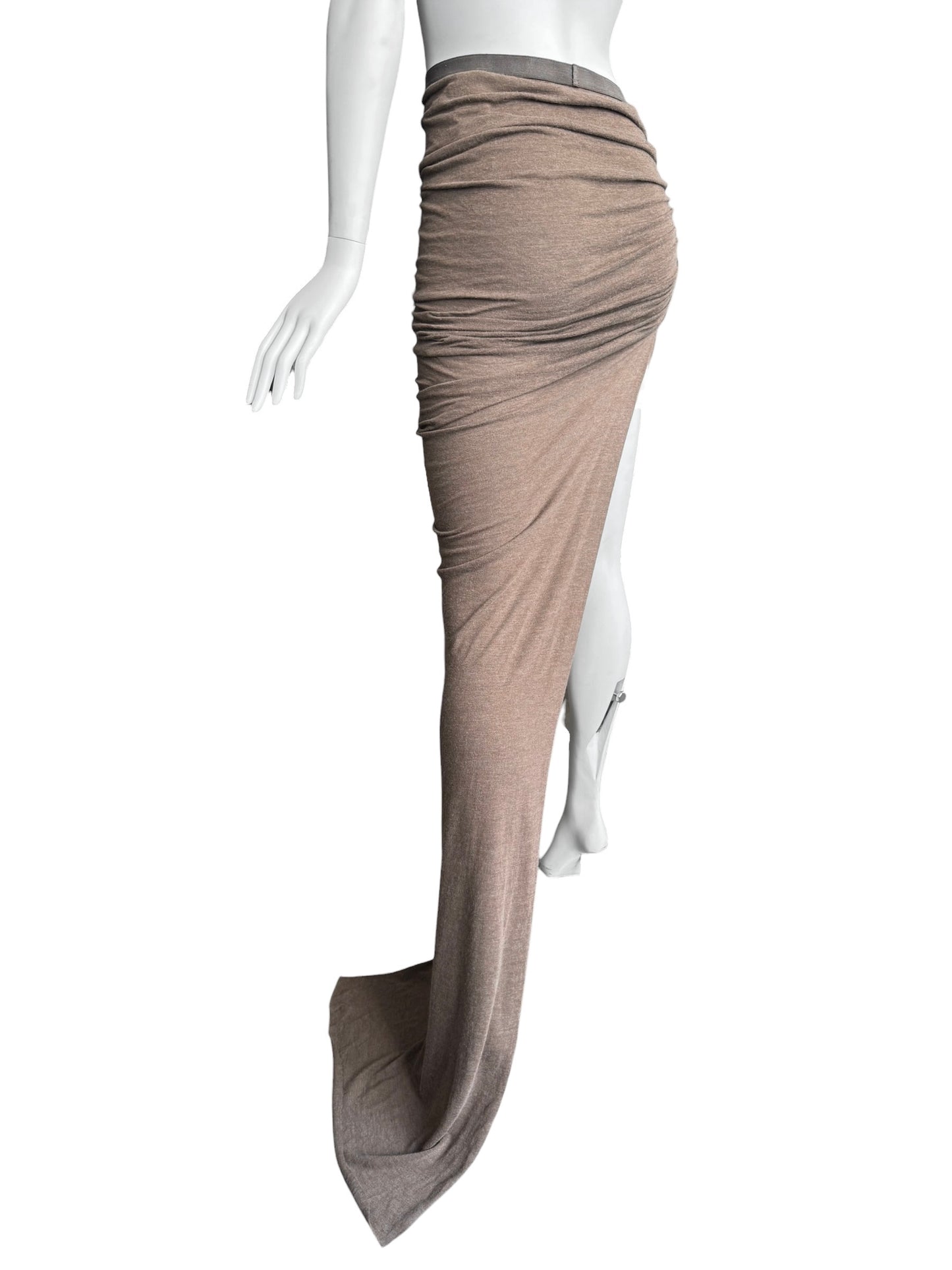 RICK OWENS FW2024 ‘PORTERVILLE’ BROWN ASYMMETRICAL DRAPED MAXI SKIRT