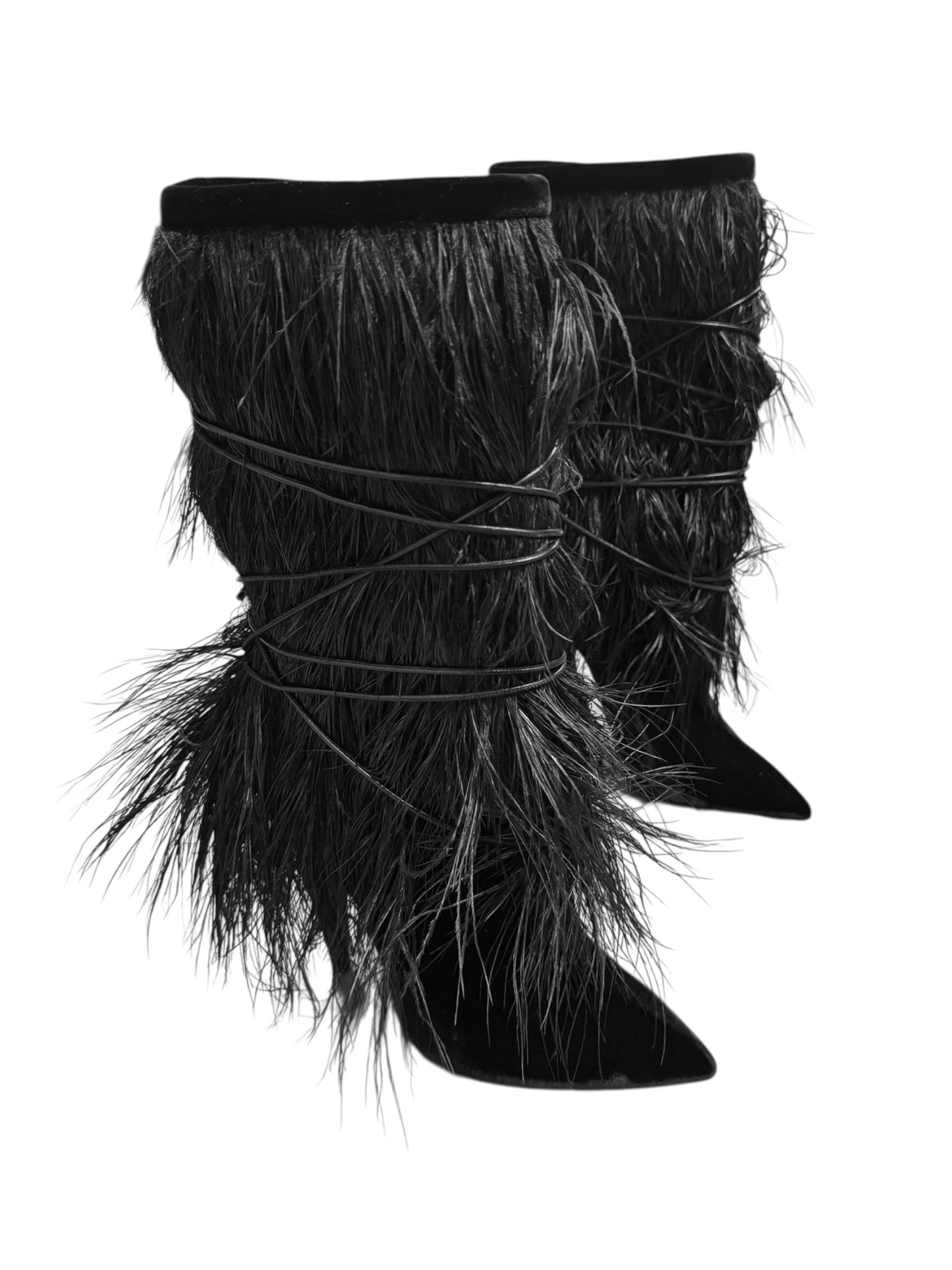 SAINT LAURENT SS2018 BY ANTHONY VACCARELLO BLACK VELVET & OSTRICH FEATHERS BOOTS