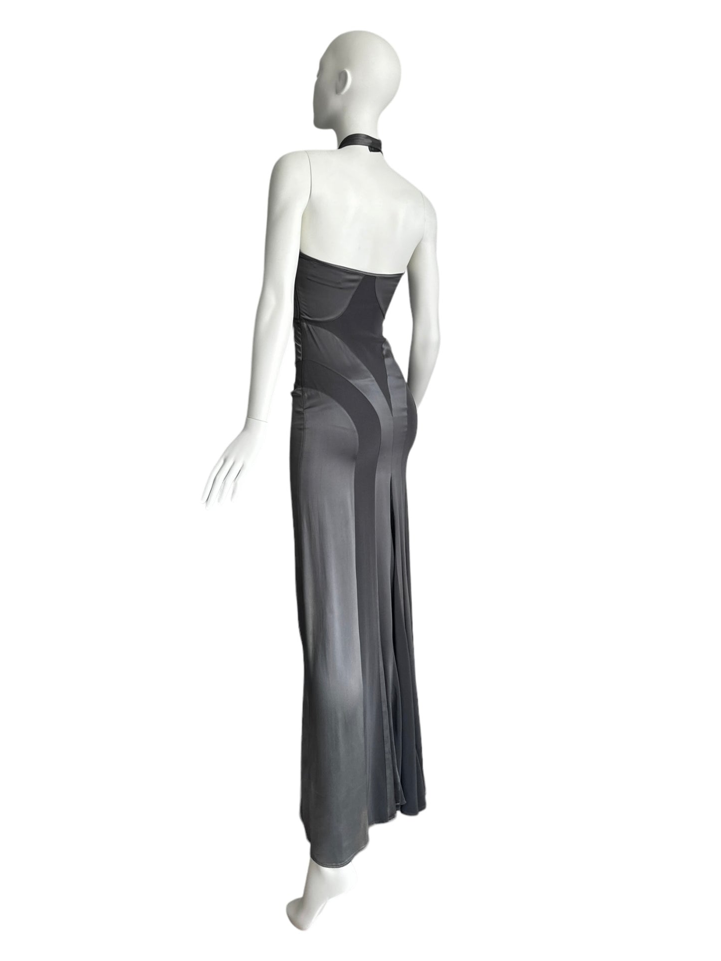 FAYÇAL AMOR SS2003 METALLIC GREY ANATOMICAL HALTERNECK MAXI DRESS