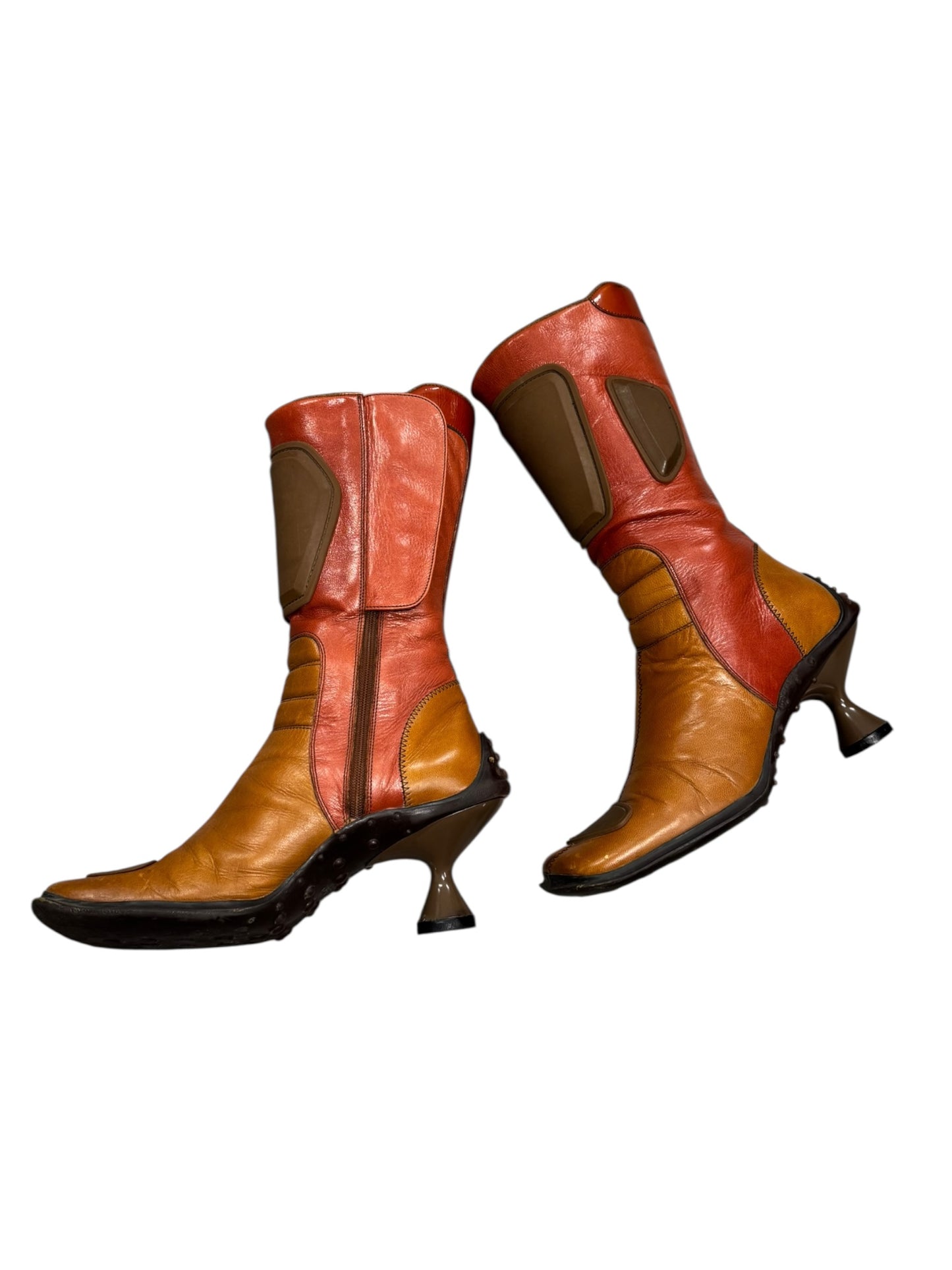 MIU MIU FW1999 ORANGE/RED/BROWN LEATHER BUBBLE SOLE BIKER BOOTS