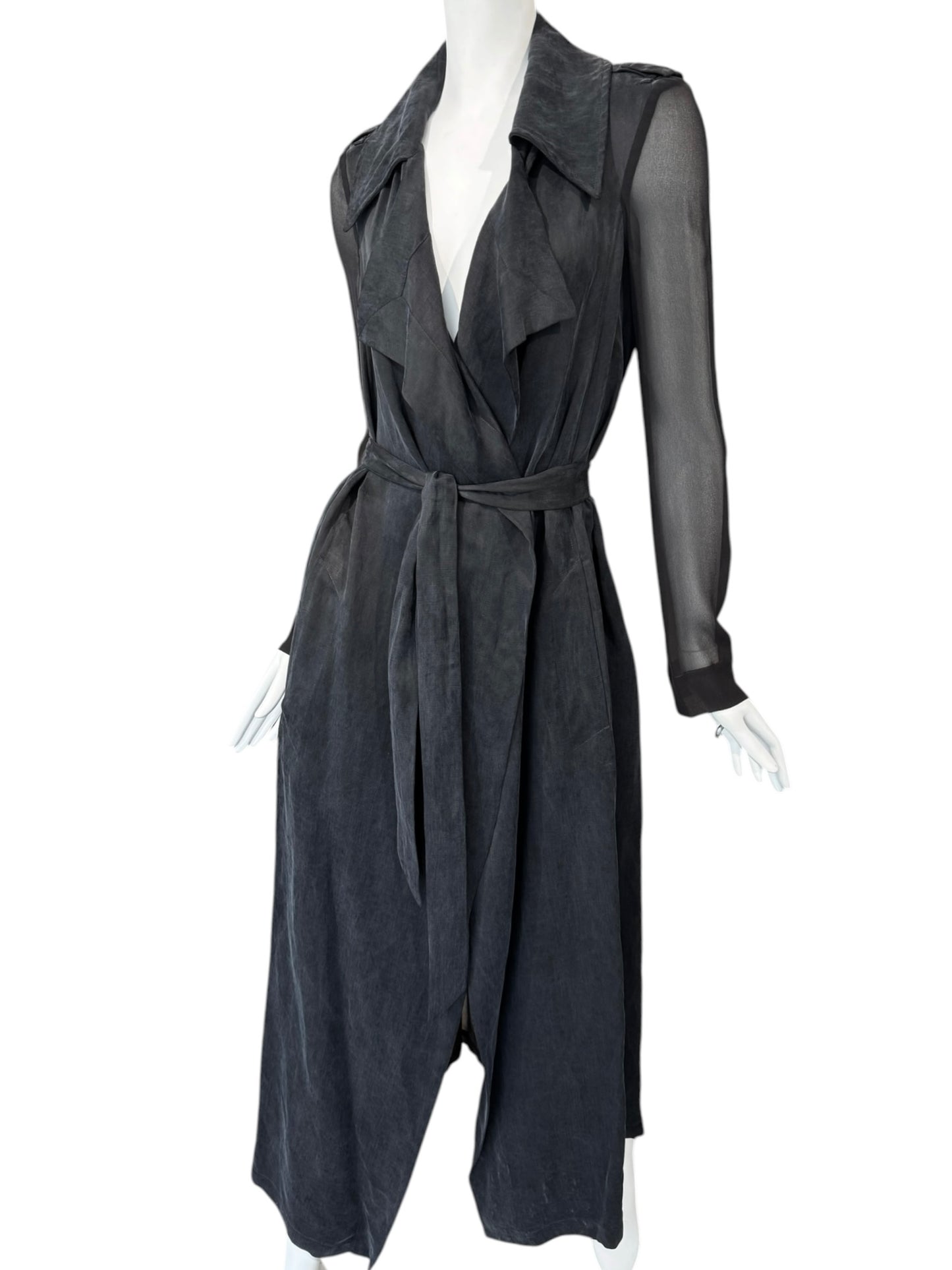 FAYÇAL AMOR 2010s DARK BLUE & BLACK LINEN & SILK MAXI COAT