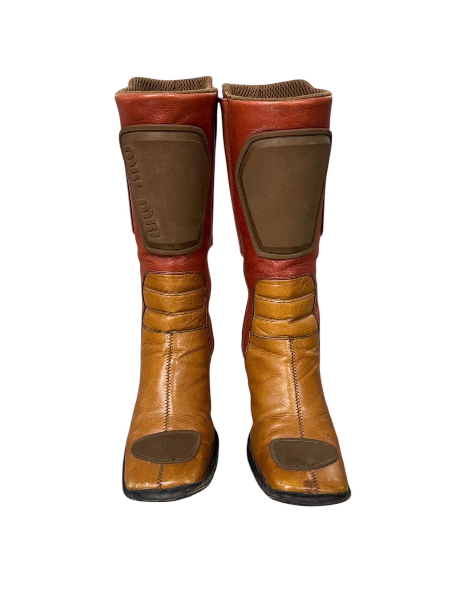 MIU MIU FW1999 ORANGE/RED/BROWN LEATHER BUBBLE SOLE BIKER BOOTS