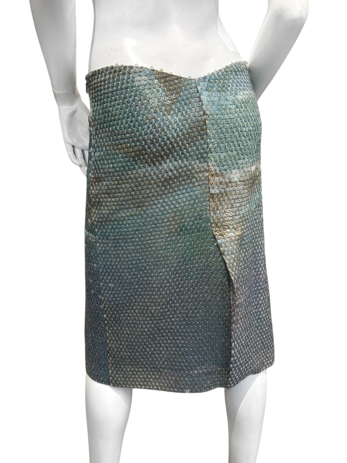 ALEXANDER MCQUEEN SS1997 «LA POUPÉE» BLUE SEQUINS DOLPHIN PRINT BUMSTER MIDI SKIRT