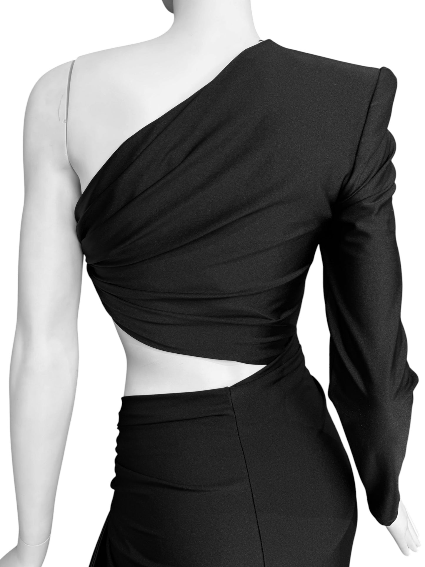 SAINT LAURENT SS2022 BY ANTHONY VACCARELLO BLACK ASYMMETRICAL CUT OUT MAXI DRESS
