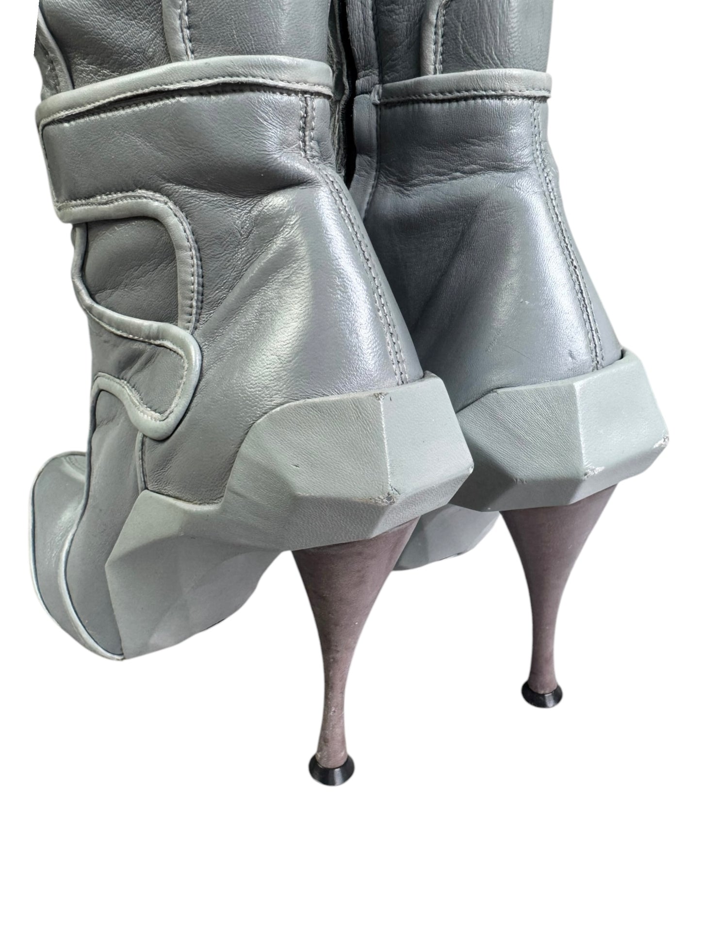 CELINE FW2008 BY IVANA OMAZIC GREY LEATHER MOTO KNEE-HIGH BOOTS