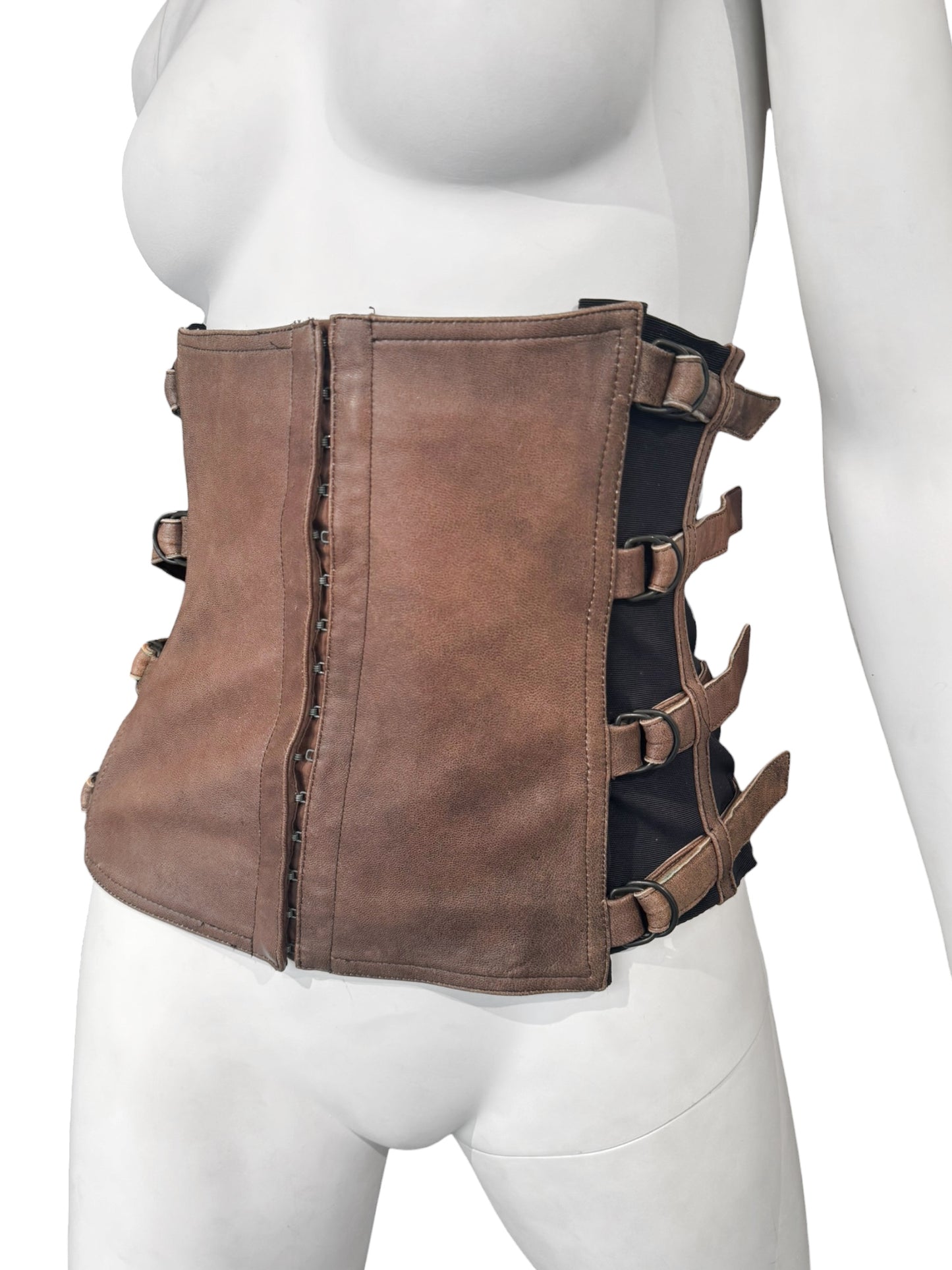 PLEIN SUD FW2001 BROWN LEATHER BONDAGE CORSET