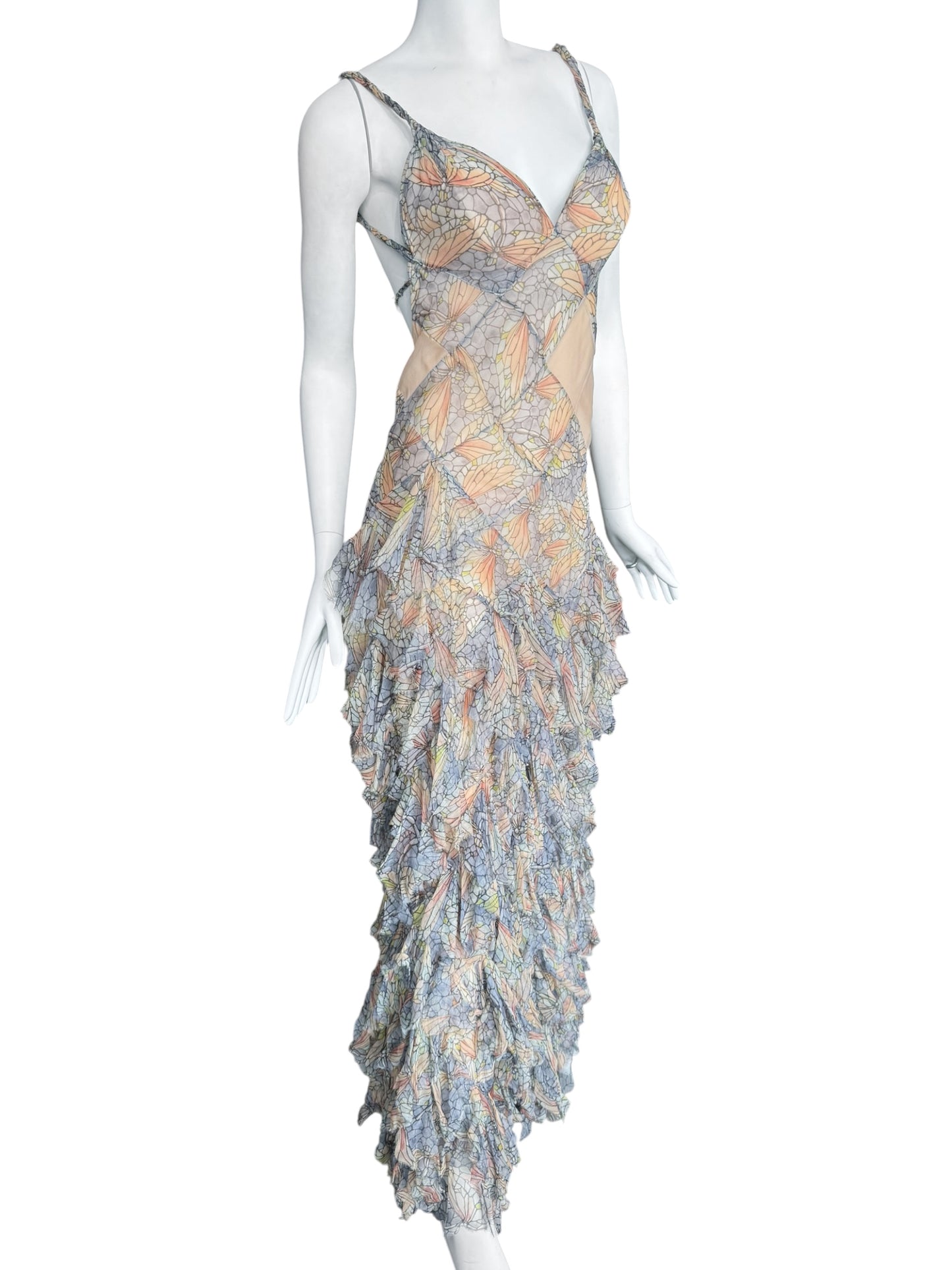 ALEXANDER MCQUEEN SS2004 ‘DELIVERANCE’ SILK STAINED GLASS BUTTERFLY PRINT RUFFLES MAXI DRESS