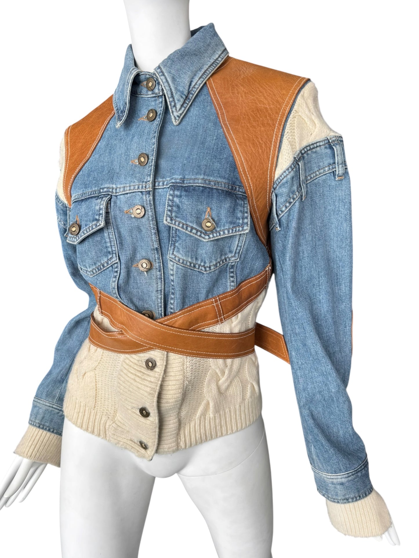 ALEXANDER MCQUEEN SS2004 ‘DELIVERANCE’ BLUE DENIM, BROWN LEATHER & CREAM KNIT PATCHWORK JACKET