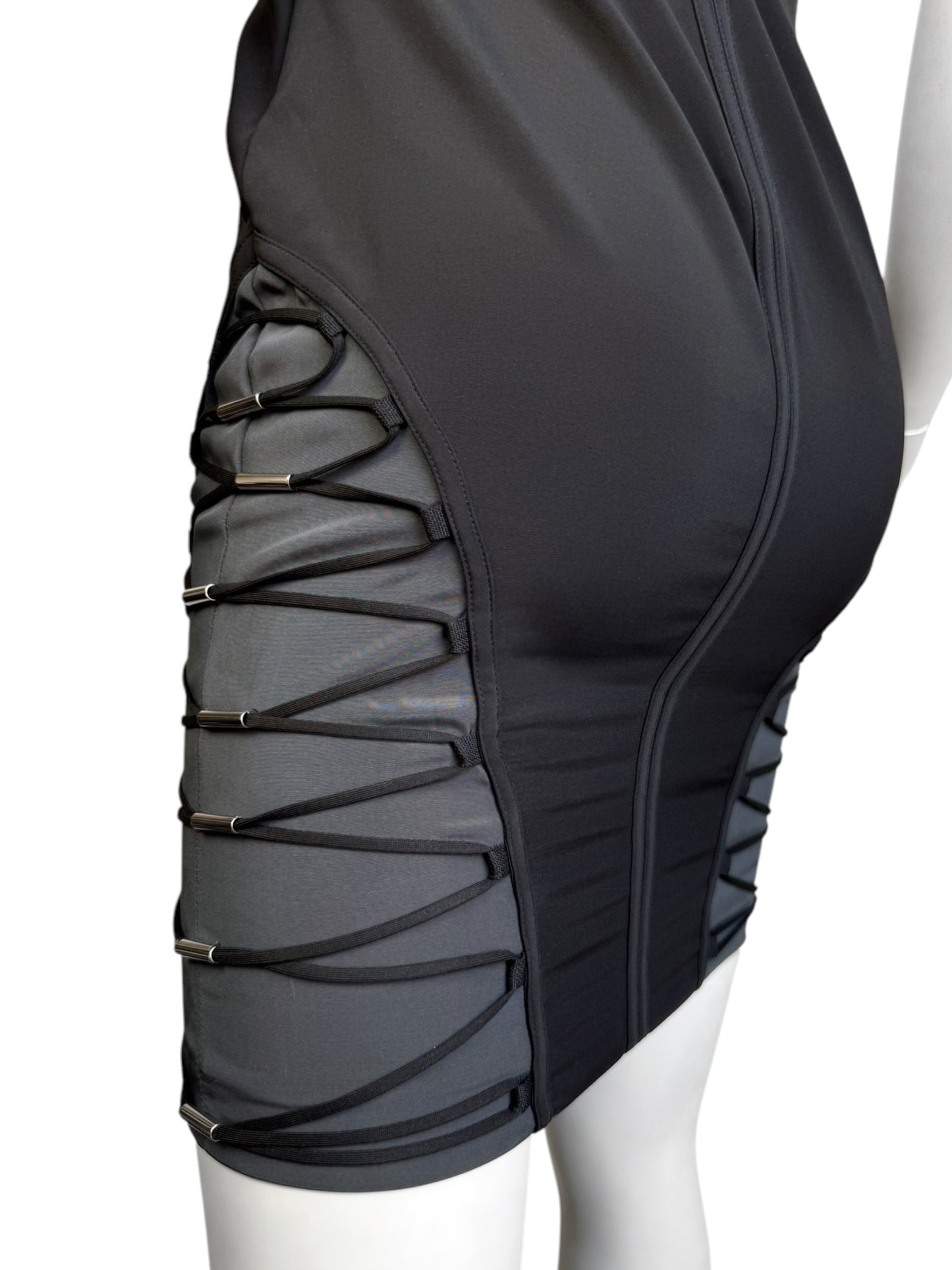 GUCCI SS2010 BY FRIDA GIANNINI BLACK & GREY SILK BLEND CUT-OUT LACE-UP FUTURISTIC MINI DRESS
