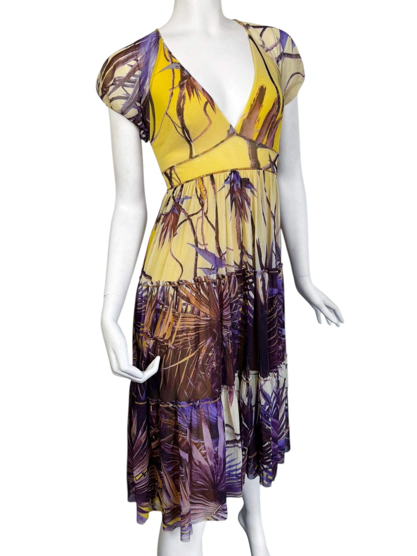 JEAN PAUL GAULTIER 2000s YELLOW & PURPLE MESH TROPICAL PRINT MIDI DRESS