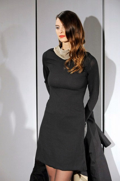 GUSTAVO LINS HAUTE COUTURE SS2009 DARK GREY & BEIGE SILK LAYERED PLEATED MIDI DRESS