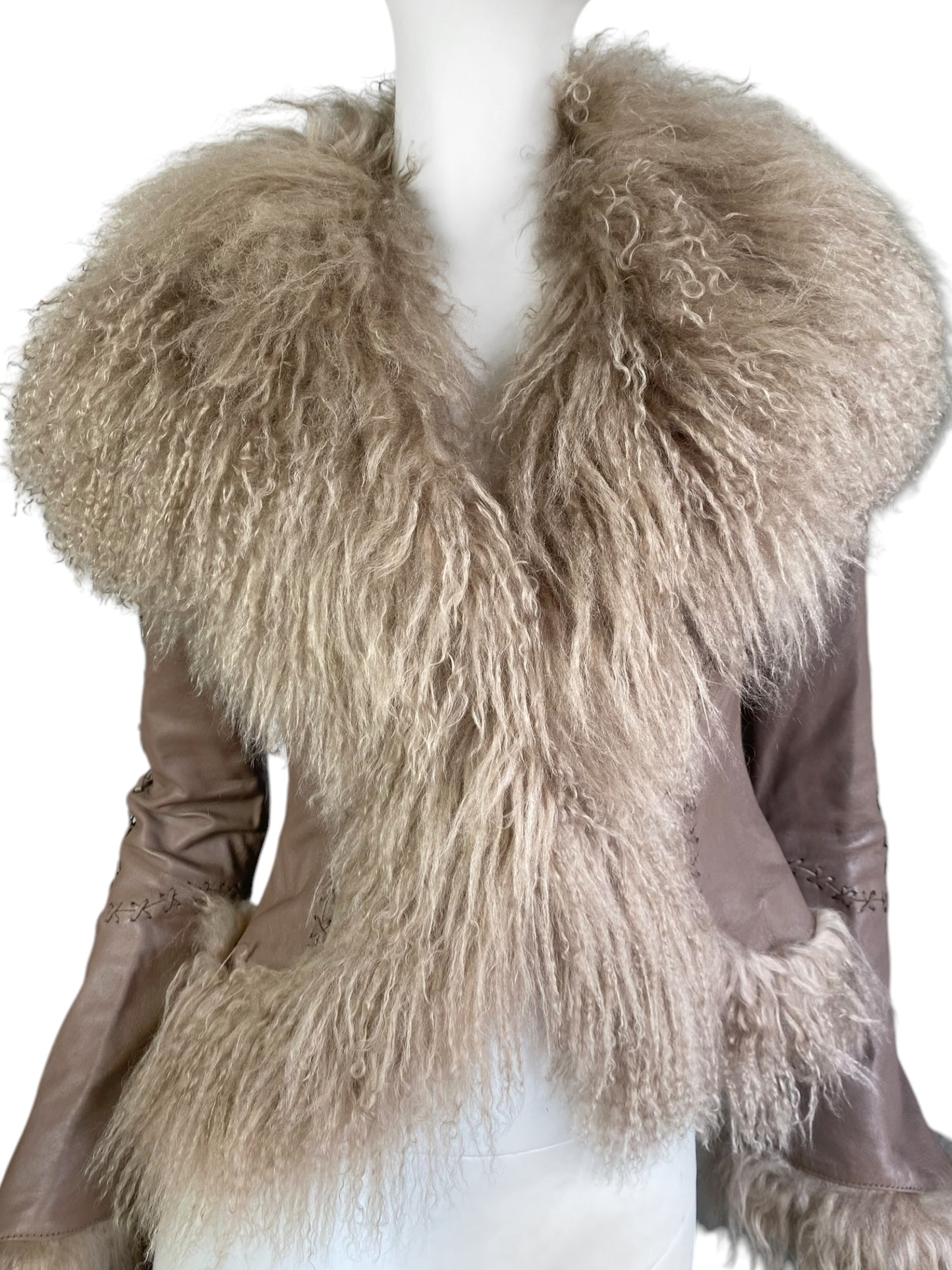 JUST CAVALLI 2000s BEIGE LEATHER LACED MONGOLIAN LAMB FUR TRIM JACKET