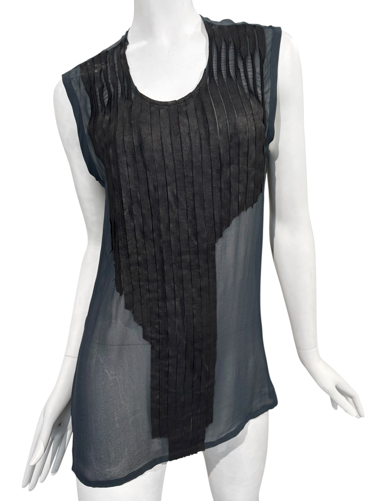 ILARIA NISTRI 2010s NAVY & BLACK SILK & LEATHER TANK TOP