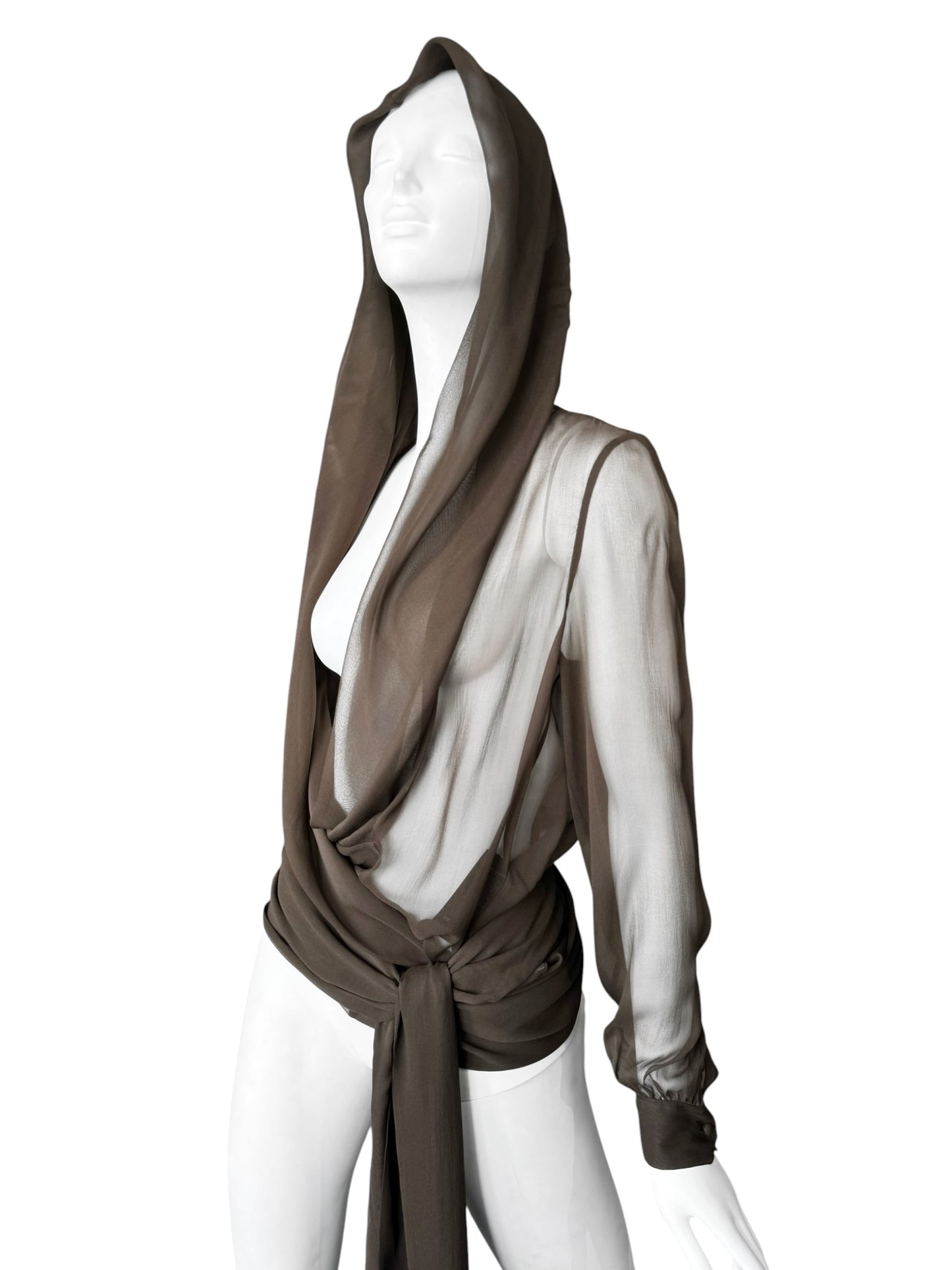 SAINT LAURENT PRE-FALL 2023 BY ANTHONY VACCARELLO BROWN SILK HOODED WRAP BLOUSE