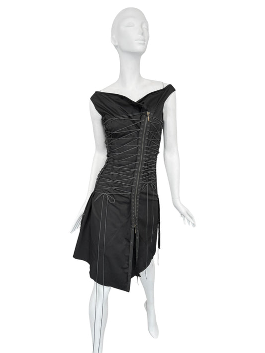 PLEIN SUD SS2003 BLACK LACE-UP BONDAGE MIDI DRESS