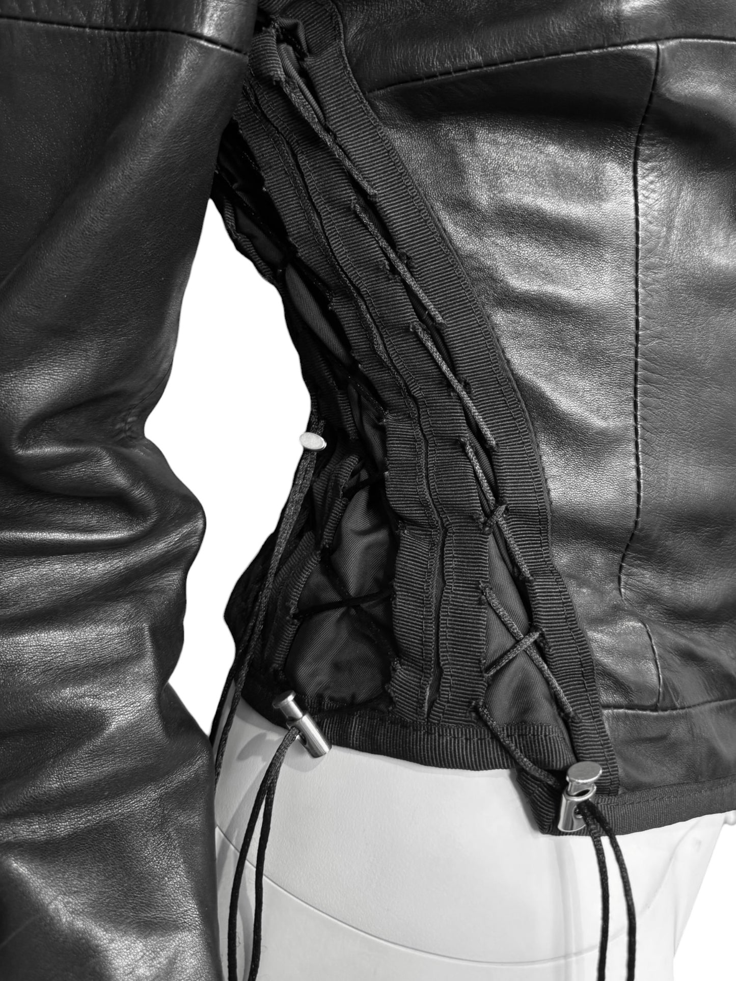 JITROIS 2000S BLACK LEATHER & MESH LACE-UP JACKET
