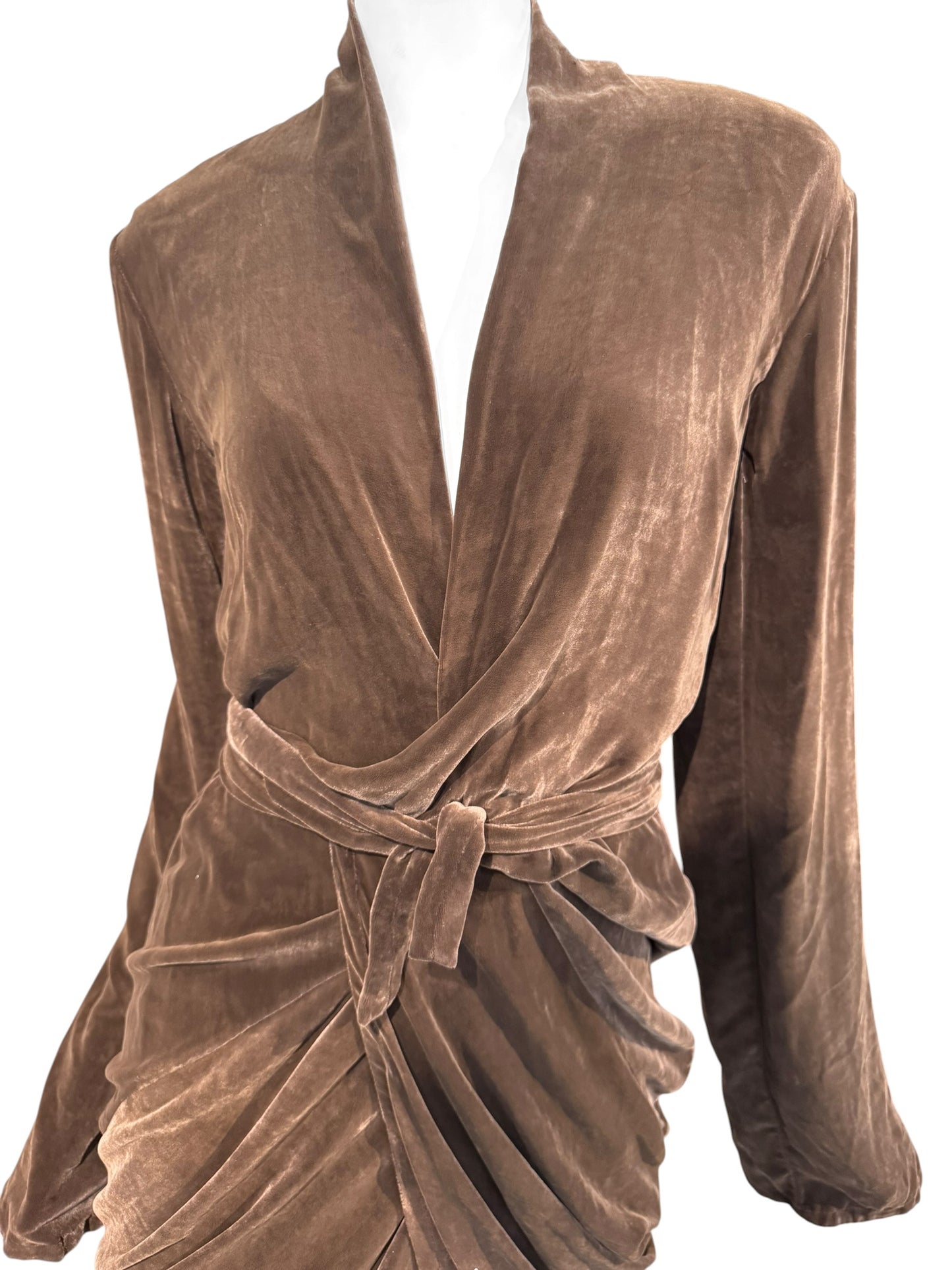 RICK OWENS FW2023 «LUXOR»BROWN VELVET DRAPED WRAP MIDI DRESS