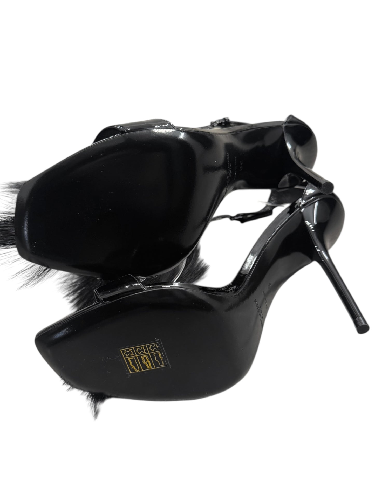 SAINT LAURENT FW2018 BY ANTHONY VACCARELLO BLACK LEATHER & ANTILOPE FUR STRAPPY HEELED SANDALS
