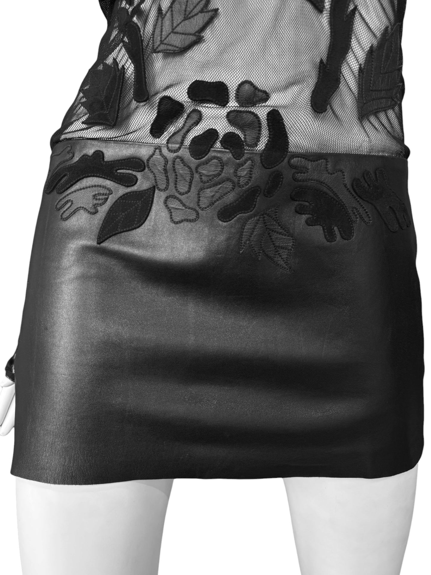 JITROIS 2012 BLACK MESH & LEATHER APPLIQUÉ SHEER MINI DRESS