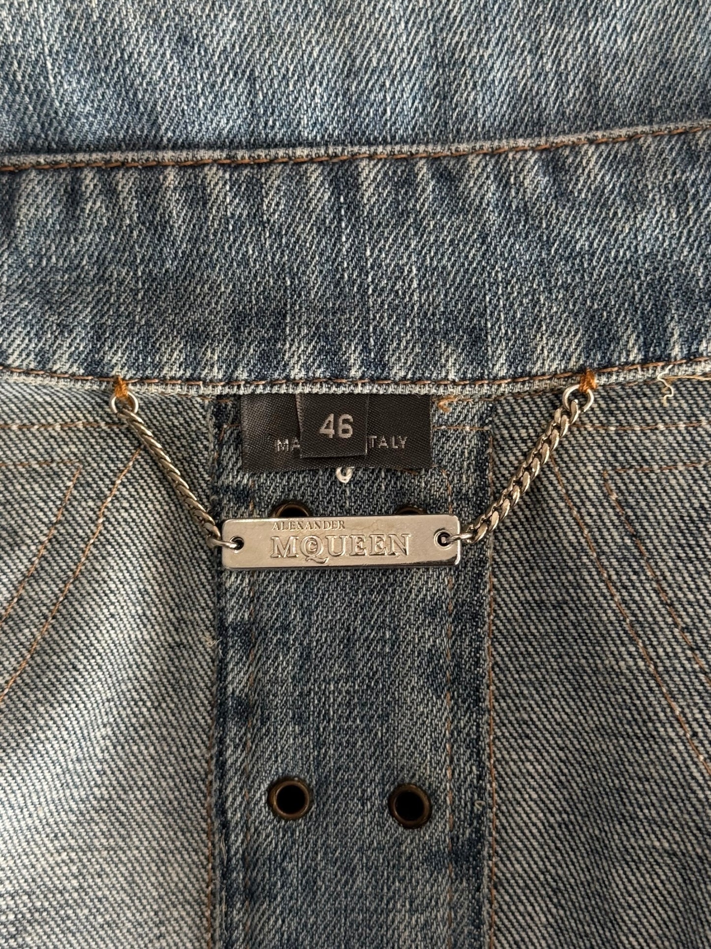 ALEXANDER MCQUEEN SS2004 ‘DELIVERANCE’ BLUE DENIM, BROWN LEATHER & CREAM KNIT PATCHWORK JACKET