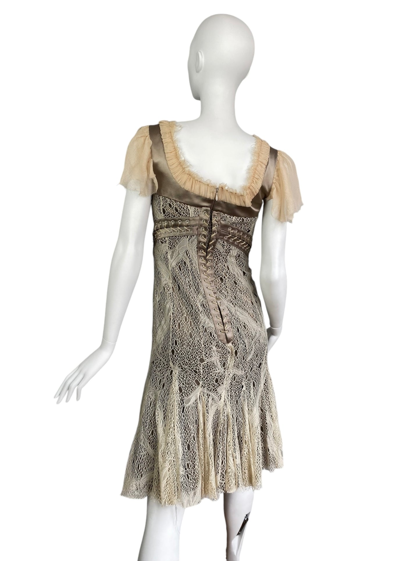 ALEXANDER MCQUEEN FW2002 BEIGE LACE & SILK BONDAGE CORSET MIDI DRESS