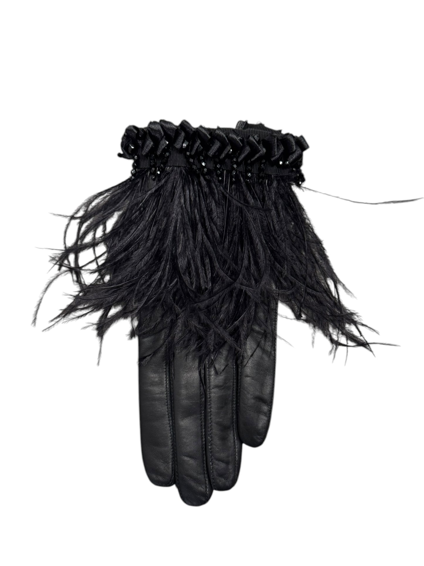 CHRISTIAN LACROIX 2000s BLACK LEATHER & OSTRICH FEATHERS EMBELLISHED CLUTCH & GLOVES