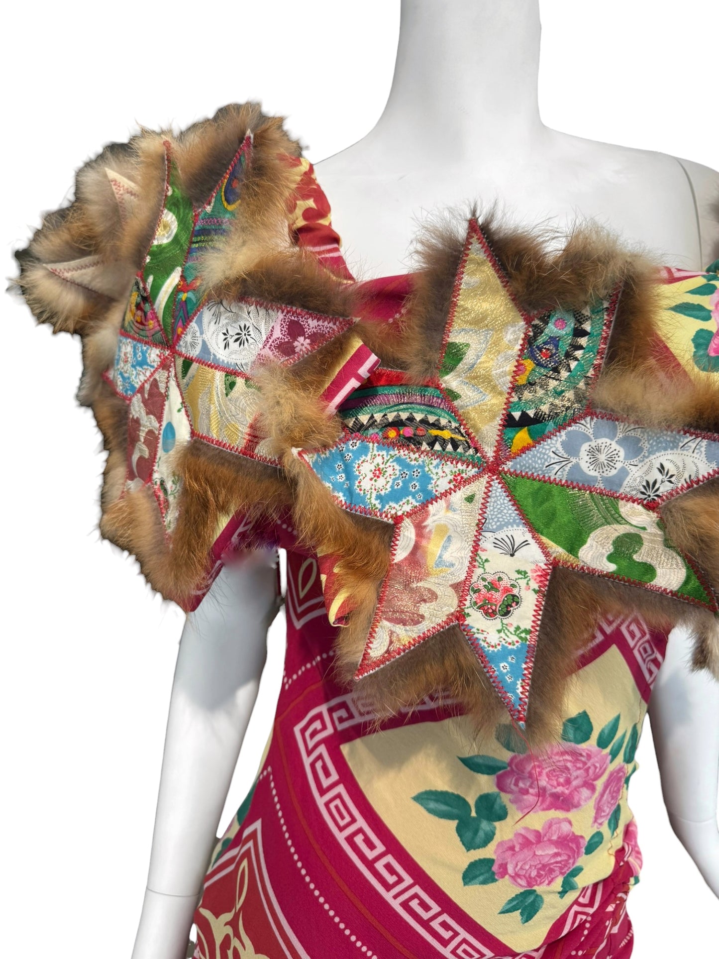 JOHN GALLIANO FW2002 PINK SILK & FUR FOLKLORIC FLORAL PRINT MIDI DRESS