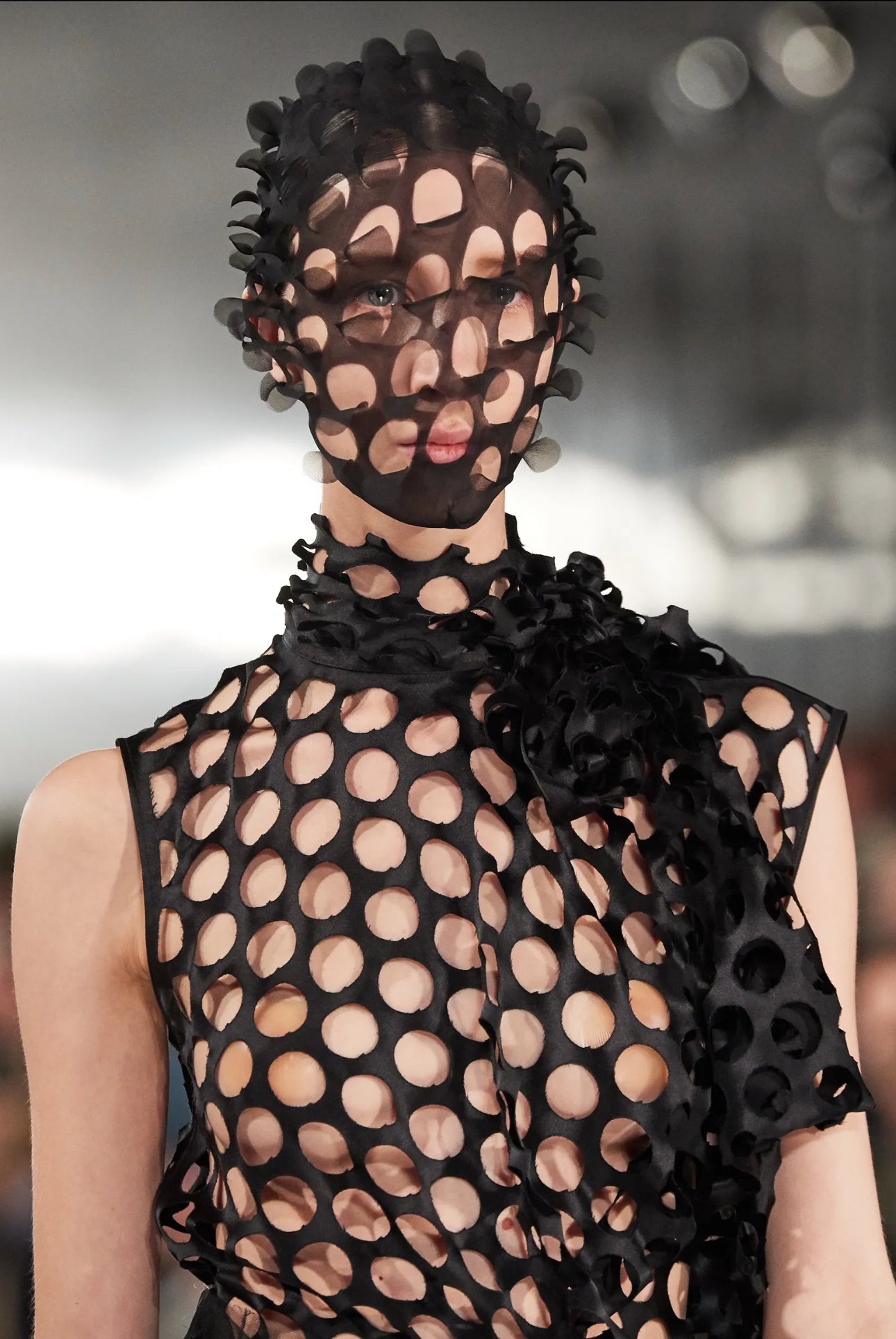 MAISON MARGIELA FW2020 BY GALLIANO BLACK SILK LASER CUT OUT POLKA DOTS ASCOT TIE TOP