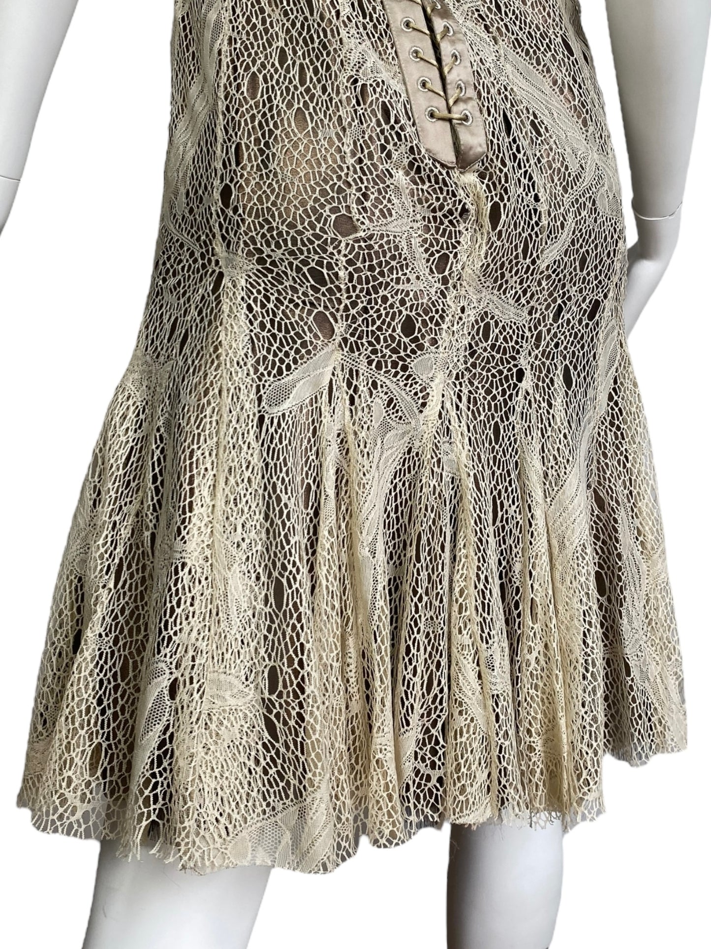 ALEXANDER MCQUEEN FW2002 BEIGE LACE & SILK BONDAGE CORSET MIDI DRESS